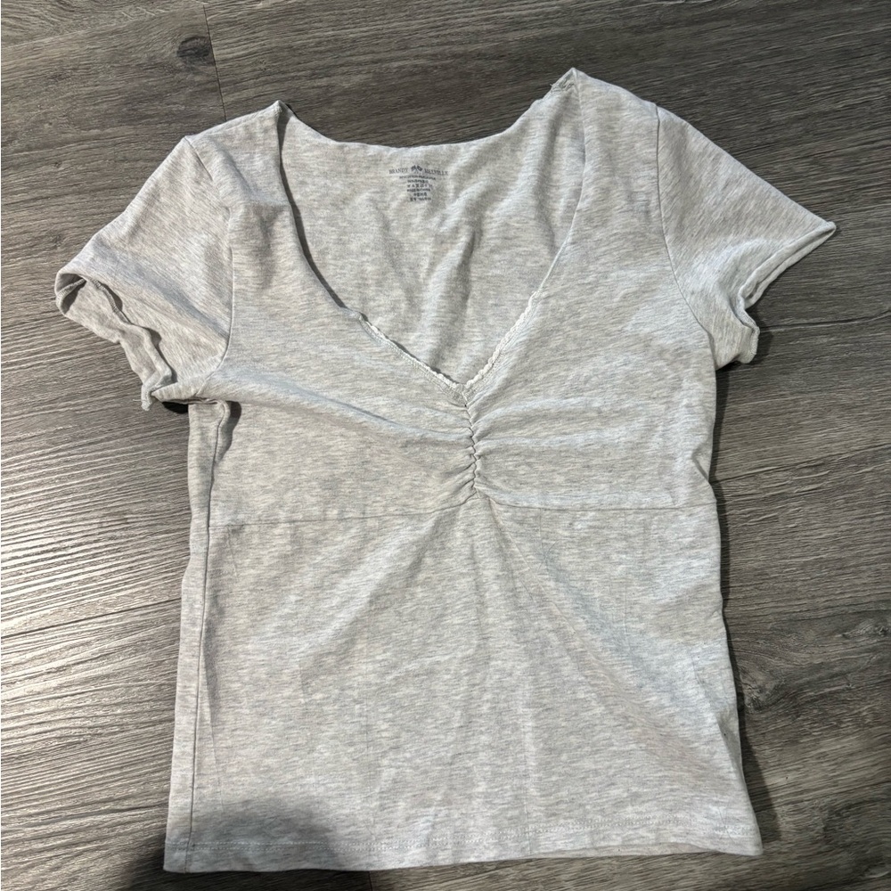 Brandy Melville Light Gray Ruched V-Neck Tee